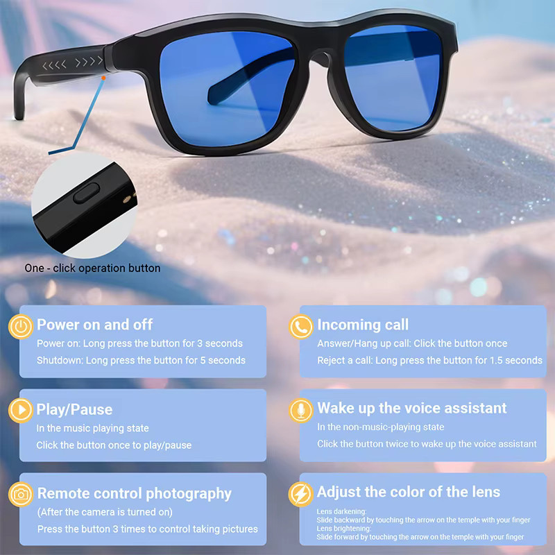 Smart Glasses Aras KI-Übersetzungs-Sonnenbrille mit Bluetooth, Musiksteuerung und Kamera in Schwarz - Bild 3
