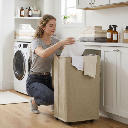 HOMCOM Wäschekorb mit Deckel und Rollen, 50 l, zusammenklappbarer Wäschekorb mit herausnehmbarer und waschbarer Kordeltasche, Farbe: Beige/Braun, B/T/H: 40 x 30 x 65 cm