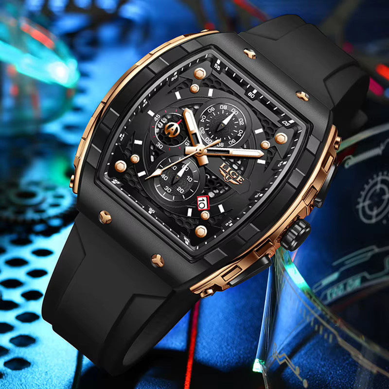 LIGE Chronograph Armbanduhr, Eckig, Quarz, Silikon, Schwarz, Herren - Bild 2