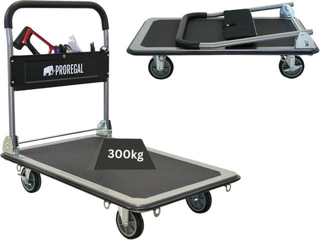 PROREGAL Klappbarer Profi-Transportwagen BIG RHINO 300 in Schwarz mit Werkzeugtasche, 6 Sicherungsösen und Vollgummibereifung, Traglast 300kg - Bild 1