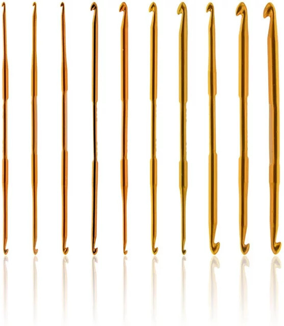 10-teiliges Set aus goldenen Aluminium Häkelnadeln mit Doppelende und Strickmarkern für Erwachsene - Bild 1