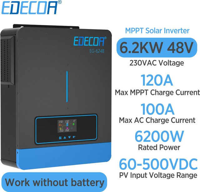 EDECOA Hybrid-Solar-Wechselrichter 6,2 kW mit MPPT 120 A Solar-Ladegerät, reiner Sinus, 48 V, 220 V/230 V und zwei Ausgängen - Bild 1