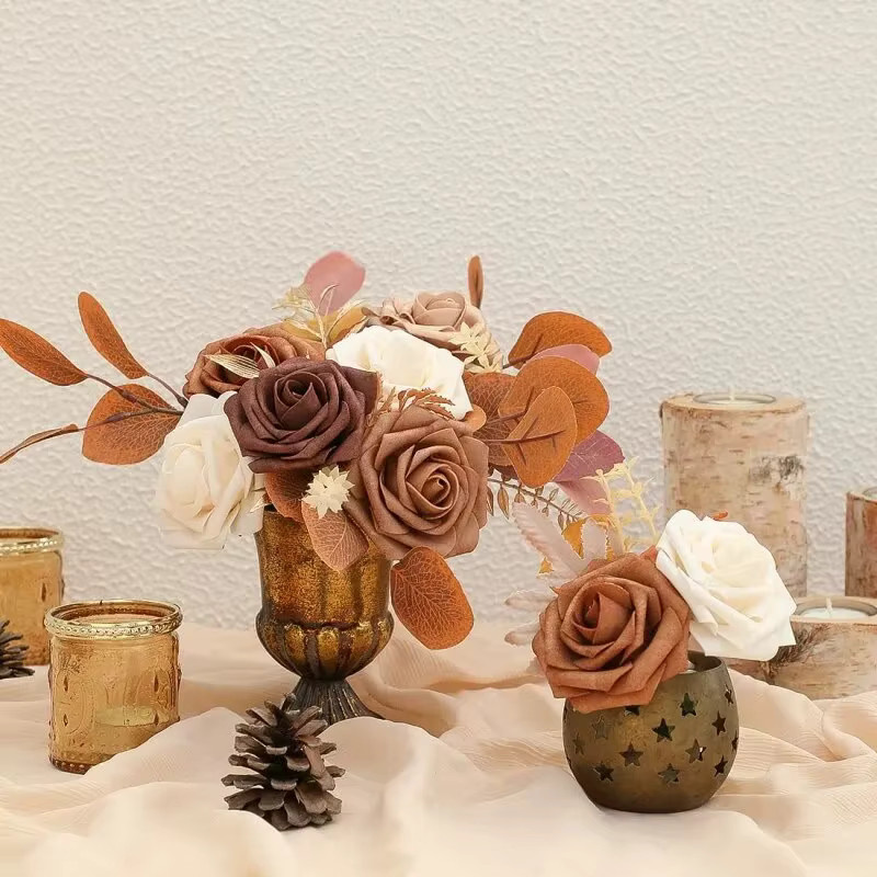 25 Stück Künstliche Rosen in Orange Ombre, Echt aussehende Schaumstoff-Blumen mit Stielen für Hochzeitsdekorationen - Bild 2