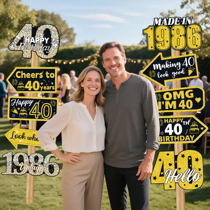 AFYPRTY 10-teiliges Geburtstag Dekorations-Set in Schwarz-Gold mit Papier-Schildern und Fotorequisiten im Vintage-Stil - Bild 2