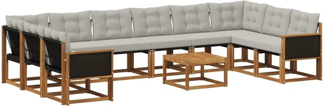 vidaXL Outdoor-Sofagarnitur L-Form aus Massivholz Akazie mit 11 Textilene Kissen in Natur und Hellgrau - Bild 1