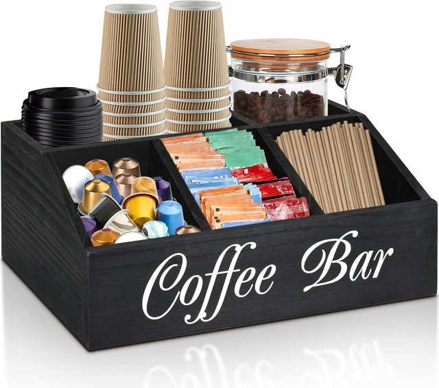 Rustikaler Kaffeestation Organizer aus Holz in Weiß für Kapseln und Tee auf der Theke - Bild 1
