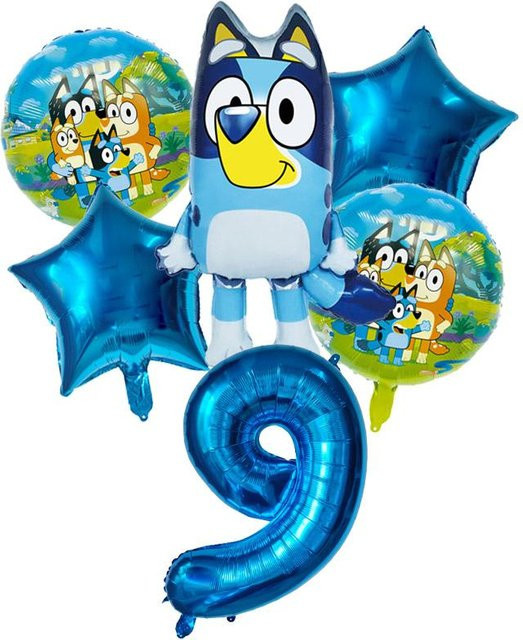 6 Stück Bluey Aluminiumballons mit Cartoon Bingo und Sternen in Blau und Gold für deine Partydekoration - Bild 1