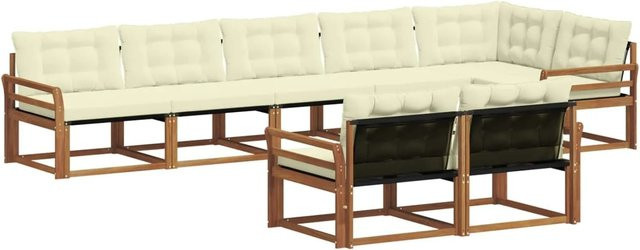 vidaXL Outdoor-Sofagarnitur 8-teilig L-Form aus Akazienholz mit Kissen in Beige und Weiß - Bild 1