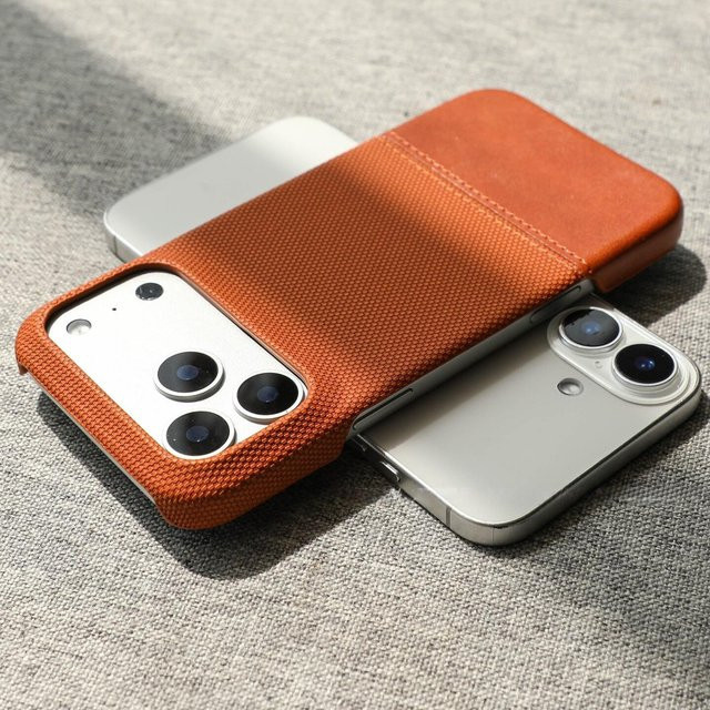 YULIN Stoßfeste Splice Handyhülle aus Leder, Nylon und Stoff für iPhone 17 Air 16 15 14 Plus 13 12 Pro Max in Orange - Bild 1