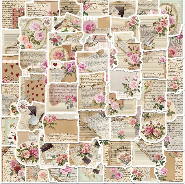50 Stück PickJoy Vintage Rosen-Blumen-Aufkleber mit Zitaten in Multicolour aus Papier zur Dekoration von Notizbüchern und Wänden - Bild 1