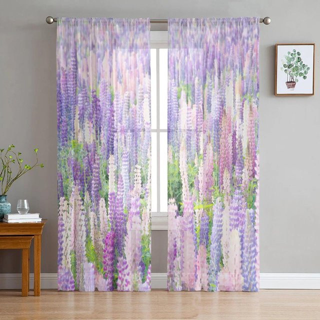 A Family Of Home Textiles Aquarell-Lavendel-Tüllvorhang mit Blumenmuster in Lila, transparent, B: 135 cm, H: 160 cm - Bild 1