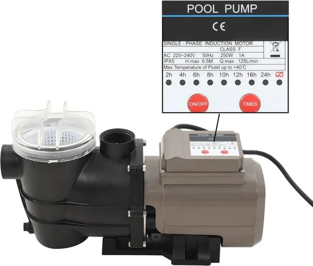 vidaXL Poolpumpe mit Timer in Schwarz mit 0,25 PS und 8000 L/h Förderleistung - Bild 1