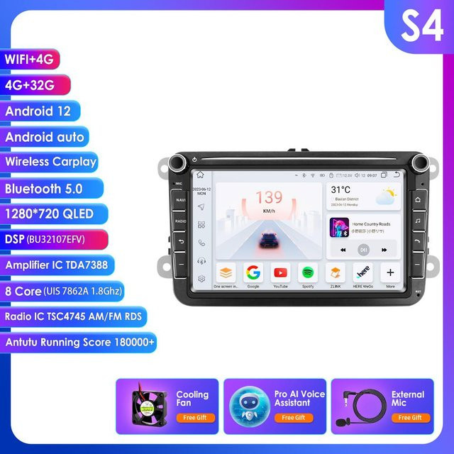 Ossuret S4 Multimedia-Player Android 13 Autoradio mit GPS und 4G für Volkswagen Golf 5 Transporter VW Passat B6 Polo Jetta Skoda Seat in Schwarz - Bild 1