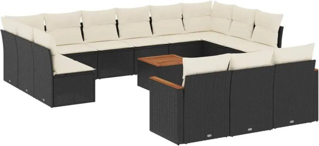 vidaXL 14-tlg. Garten-Sofagarnitur aus Poly-Rattan und Akazienholz mit Kissen in Schwarz und Cremeweiß - Bild 1
