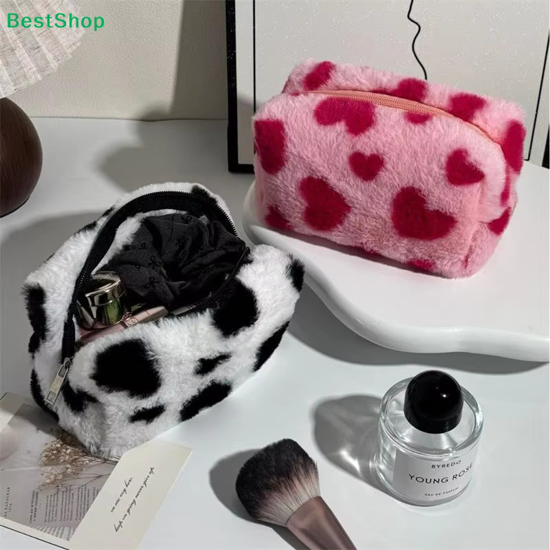 KOQZM Plüsch-Stifttasche mit Herz- und Kuh-Aufdruck in Pink als Schreibwaren-Organizer und Kosmetiktasche - Bild 4