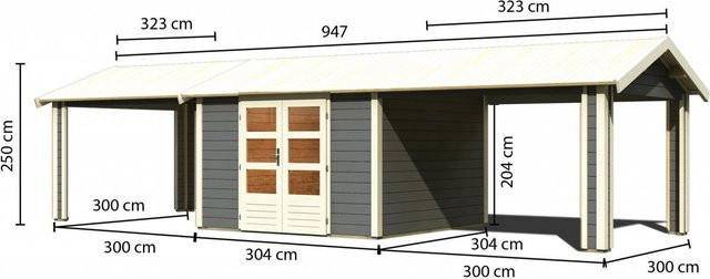 Gartenhaus Holz THERES 7 Systemhaus in Terragrau mit 2 Dachausbaulementen B/T: 304 x 304 cm, Wandstärke: 28 mm - Bild 1
