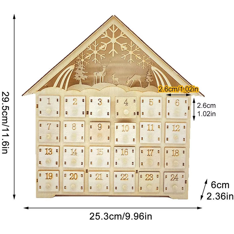 Handgemachter Adventskalender aus Holz in Hausform mit LED-Lichtern für 24 Tage, braun, skandinavisches Design - Bild 2