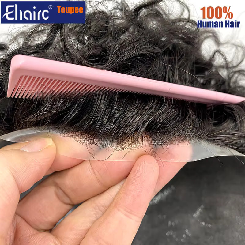 EHairc Haarprothese für Männer, lockig, 100 % Echthaar, 0,12 mm dick - Bild 2