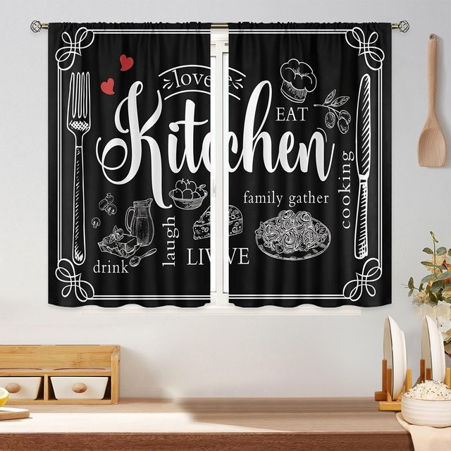 2er-Set lichtfilternde Küchenvorhänge von Yiran Furniture mit 3D-Kaffeeillustration in Schwarz, semi-transparent, B: 70 cm, H: 245 cm - Bild 1