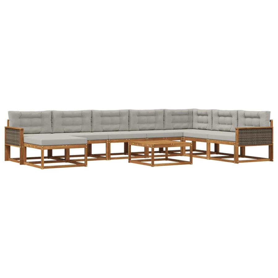 vidaXL Outdoor-Sofagarnitur L-Form aus Akazienholz mit 9 Kissen in Natur und Hellgrau - Bild 2