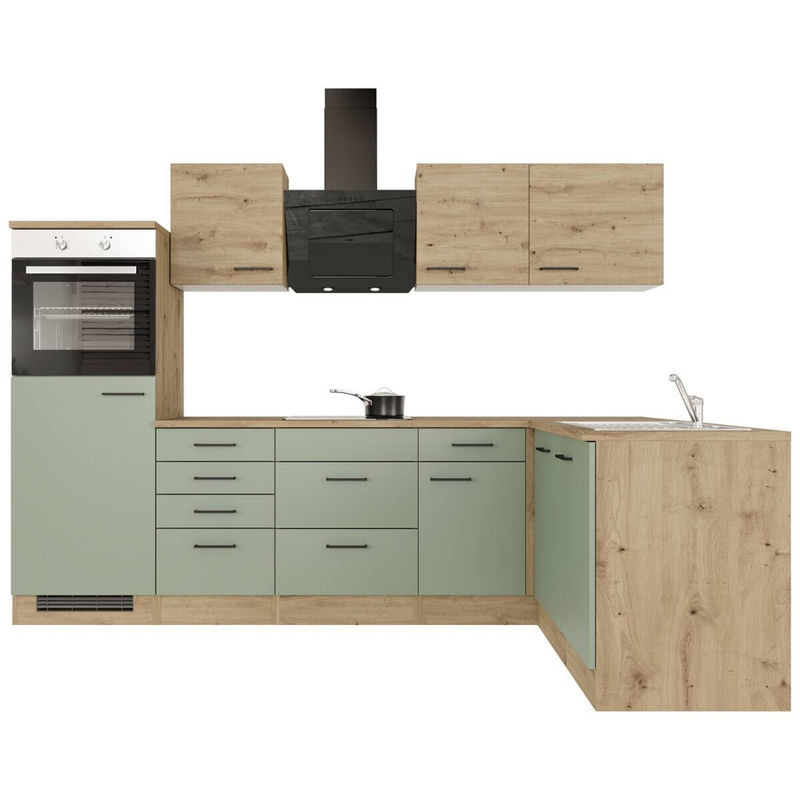 Flex-Well Winkelküche Cara Modern in Schilfgrün Matt und Artisan Eiche mit Edelstahl-Elementen B/H/T: 280 x 85 x 60 cm - Bild 5
