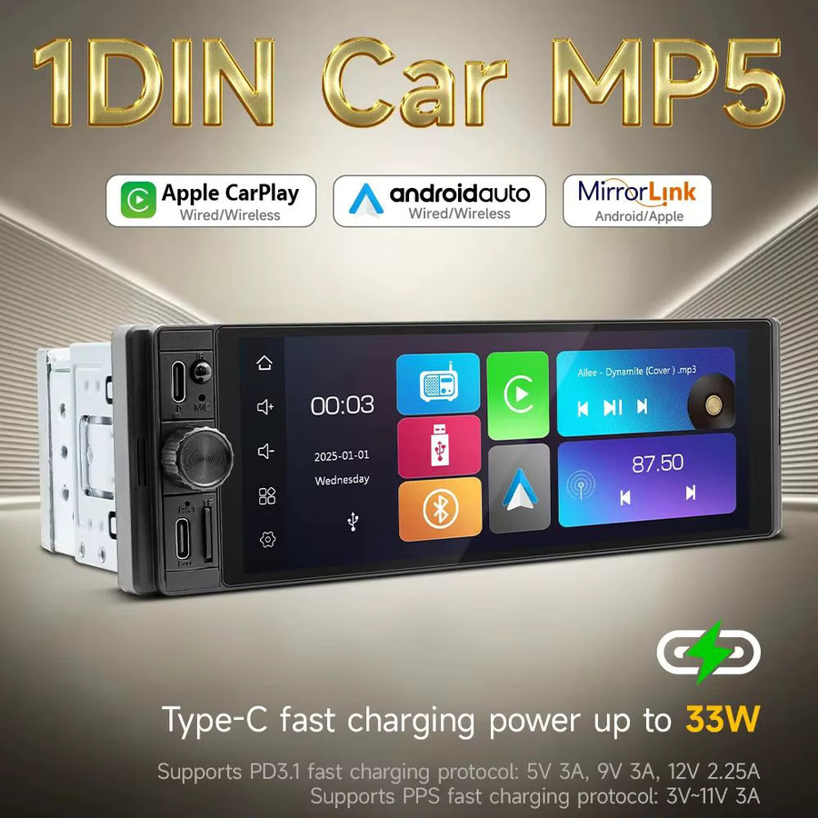 BQCC Universeller 1Din Auto-Multimedia-Player mit 6,28 Zoll Display, CarPlay und Android Auto, Bluetooth, FM, AUX und USB, Schwarz - Bild 6