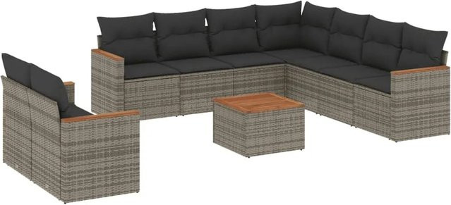 vidaXL 10-tlg. Garten-Sofagarnitur in L-Form aus Polyrattan und Akazienholz mit Kissen in Grau - Bild 1
