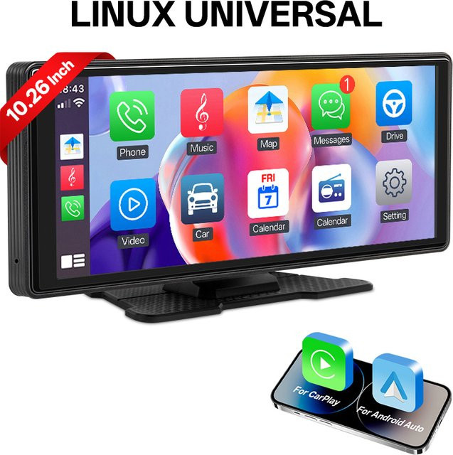 HIPPCRON Auto-Multimediaplayer mit 10,26 Zoll Display, Tragbares Radio mit kabellosem CarPlay und Android Auto, Schwarz - Bild 1