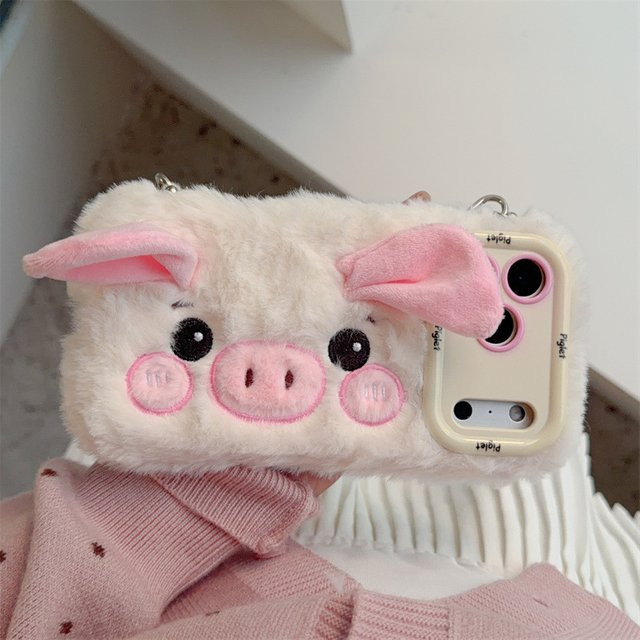 MUQGEW 3D-Cartoon-Schwein Plüsch-Handyhülle mit Umhängeband für iPhone 11 bis iPhone 17 Pro Max Plus, stoßfeste Abdeckung mit Objektivhalterung, Farbe: Pink - Bild 1