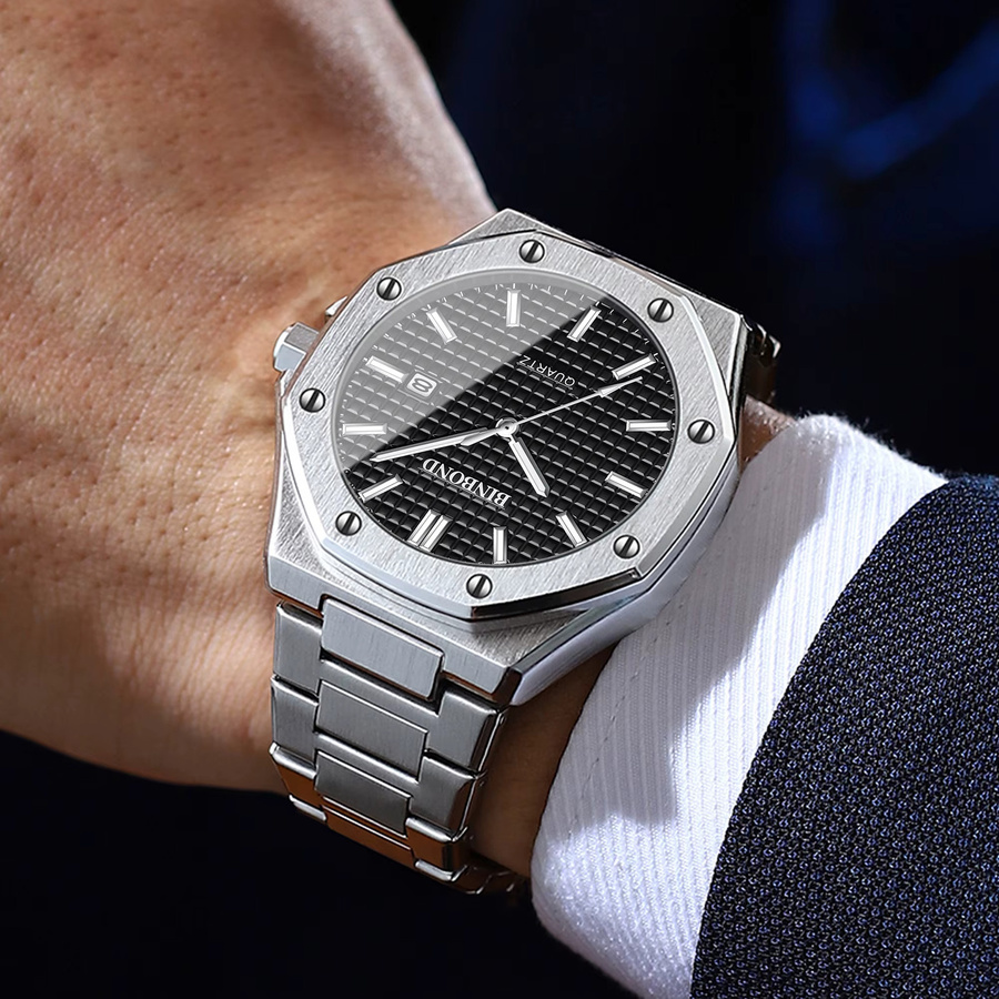 BINBOND Armbanduhr Quarz, Edelstahl, Schwarz, Silber, Herren - Bild 3