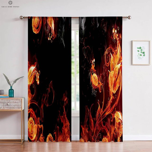 Yiran Furniture Dekovorhang Wasserflamme 2er-Set aus Polyester mit 3D-Druck, Schwarz, B: 70 cm, H: 100 cm - Bild 1