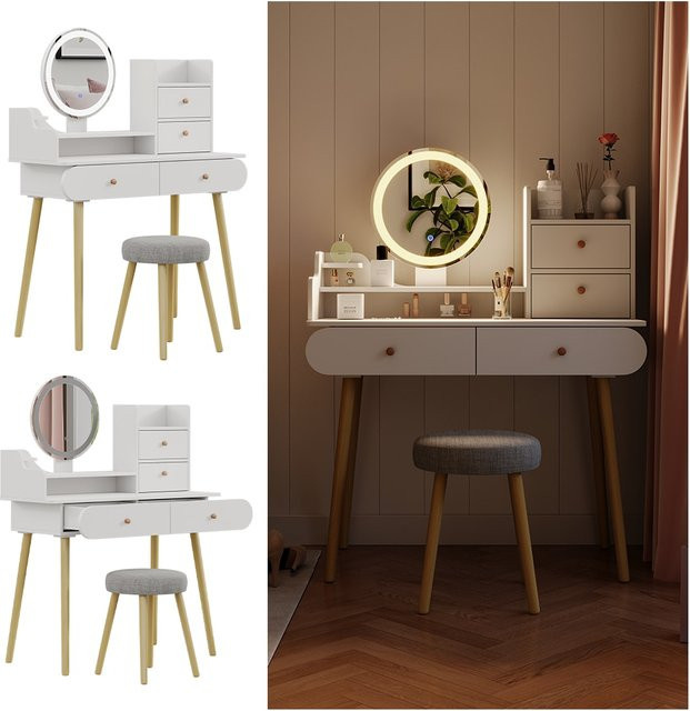 Vicco Schminktisch Edda mit LED-Spiegel und Hocker in Weiß, Breite: 100 cm, Tiefe: 76 cm - Bild 1