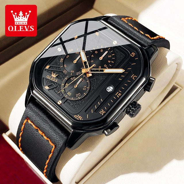 OLEVS Armbanduhr, Chronograph, Quarz, Leder, Schwarz, Herren - Bild 1