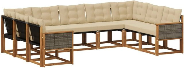 vidaXL Outdoor-Sofagarnitur L-Form aus Akazienholz mit 9 Textilene-Kissen in Natur und Beige - Bild 1