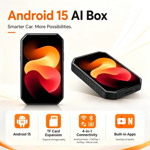 CarRocket 4-in-1 Android 15 AI Box USB-C Adapter für kabelloses CarPlay und Android Auto mit YouTube und Netflix Unterstützung, Schwarz - Bild 1