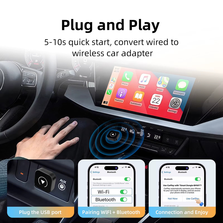 ANYFAR Mini 2-in-1 Kabelloser CarPlay und Android Auto Adapter in Schwarz mit 5G WiFi und Bluetooth 5.0 für Plug & Play - Bild 2