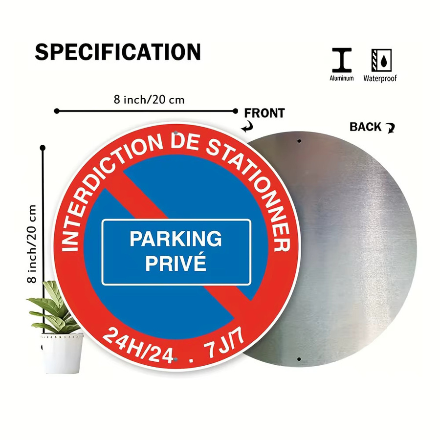 Runde Wanddekoration aus Aluminium von Potdemiel mit der Aufschrift Interdiction de Stationner Parking Privé im modernen Stil, Durchmesser: 20 cm - Bild 3