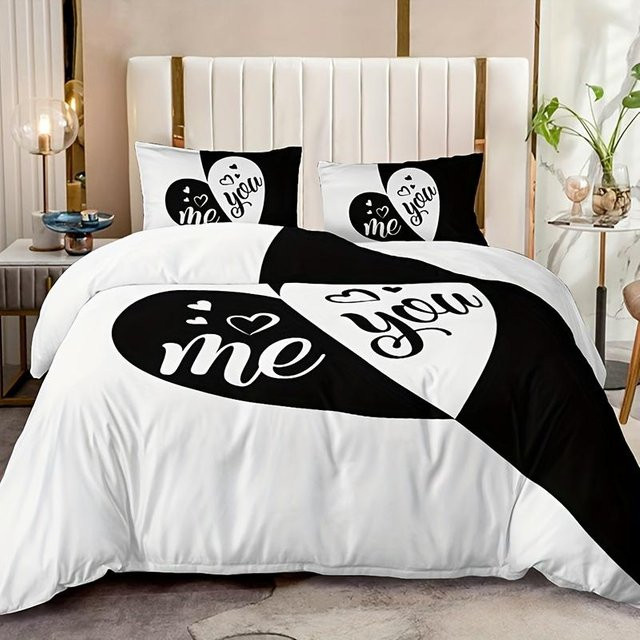 3-teiliges Bettbezug-Set Your Warm Home mit Herzmuster in Schwarz, Rot und Weiß, bestehend aus 1 Bettbezug und 2 Kissenbezügen, B/T/H: 220 x 240 cm - Bild 1