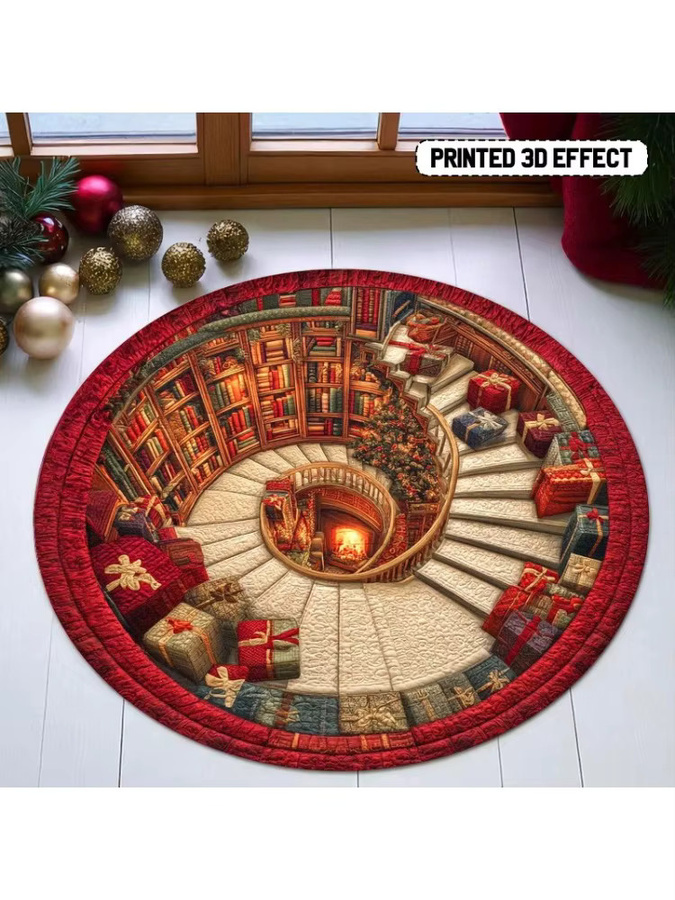 Runder 3D-Weihnachtsteppich mit Buchbibliothek-Design, festliche Bodenmatte in Multicolour mit Geschenken und Weihnachtsbaum - Bild 4
