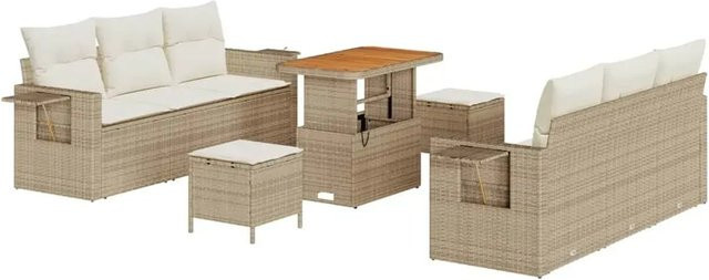 vidaXL Garten-Sofa-Set 9-teilig aus Poly-Rattan und Akazienholz in Beige mit Polstern und Tisch - Bild 1