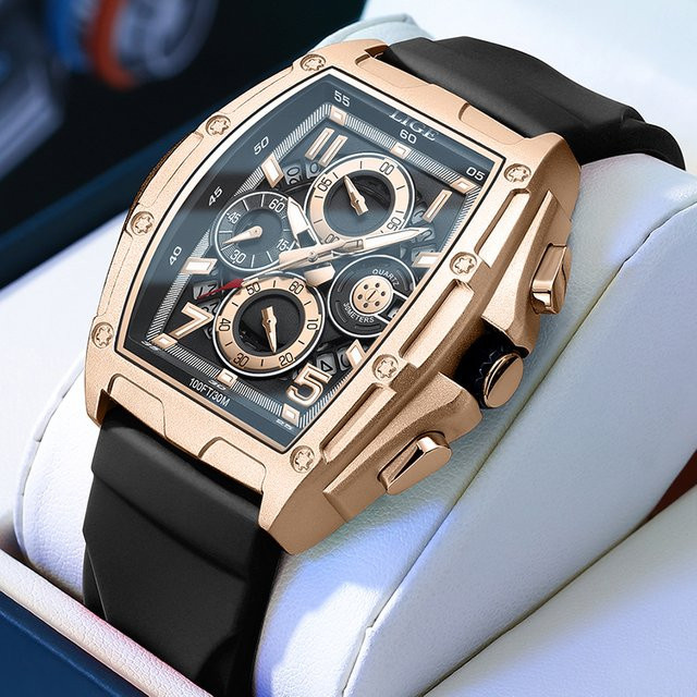 LIGE Armbanduhr Chronograph, Quarz, Eckig, Schwarz, Roségold, Herren - Bild 1