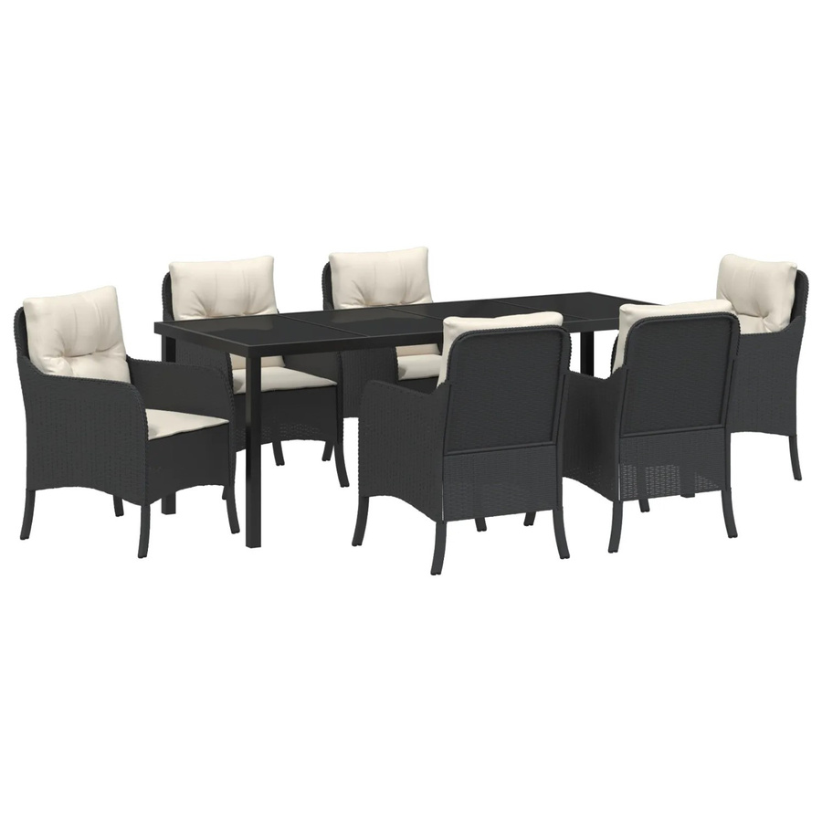 vidaXL 7-teiliges Garten-Esstisch-Set aus Poly Rattan in Schwarz mit cremefarbenen Kissen - Bild 2