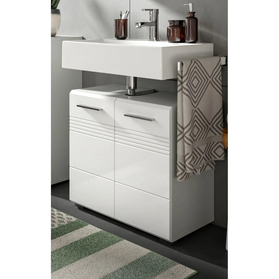 Waschbeckenunterschrank Carlo von Inn.Furn in Weiß und Grau Hochglanz mit Soft-Close-Türen und Regalen, Breite: 60 cm - Bild 2