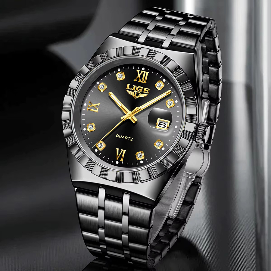 LIGE Armbanduhr Quarz, Edelstahl, Schwarz, Silber, Herren - Bild 2