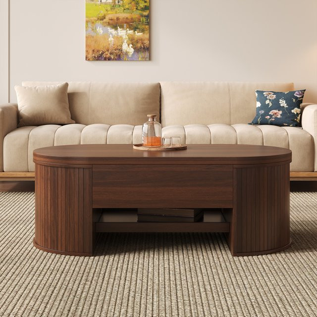 PINGGO Hebbarer Couchtisch in Braun mit gebogenen Holzseiten und ausziehbarer Ablage, ovaler Wohnzimmertisch mit Lift-Mechanismus im modernen Design - Bild 1