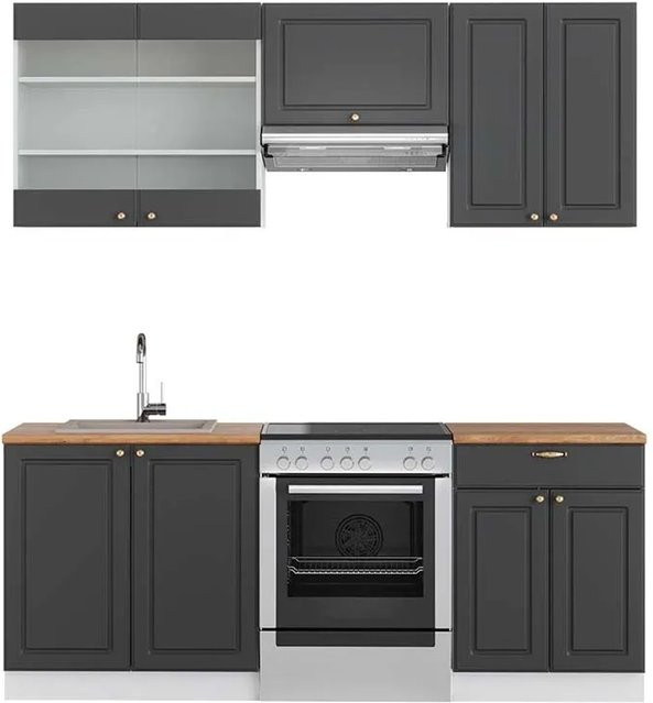 Vicco Fame-Line Küchenzeile modern in Anthrazit-Gold/Weiß mit Eiche-Optik, Breite: 200 cm - Bild 1