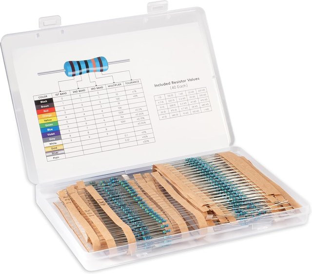 AOKIN 1000-teiliges Widerstandsset mit 25 Werten von 1 Ohm bis 1 MOhm, Premium-Metallschichtwiderstände in Multicolor inklusive Steckbrett für Heimwerker - Bild 1