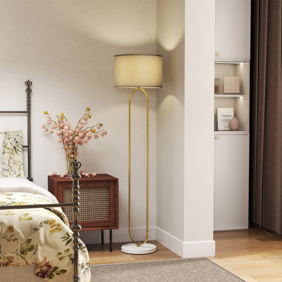 HOMCOM Moderne Stehlampe mit Leinenstoff Lampenschirm und Doppelrohr aus Metall in Gold/Messing mit beige Farbschema für Wohnzimmer und Schlafzimmer - Bild 2