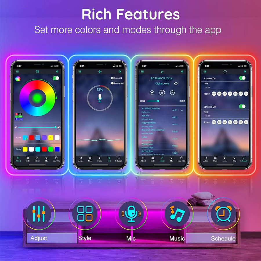 YSRSAI RGB Neon LED-Streifen aus Silikon mit Bluetooth-App-Steuerung und Fernbedienung, 5V USB Neonlichtband Multicolor für TV und Wohnzimmer - Bild 2