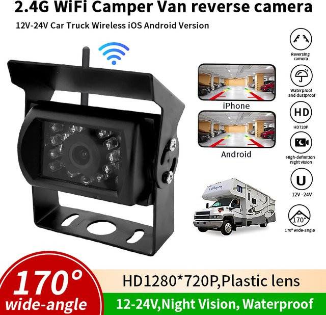 Bileeko WLAN HD 720P Rückfahrkamera mit IR Nachtsicht und IP68 Wasserdichtigkeit in Schwarz für LKWs, Anhänger, Wohnmobile und große Fahrzeuge - Bild 1